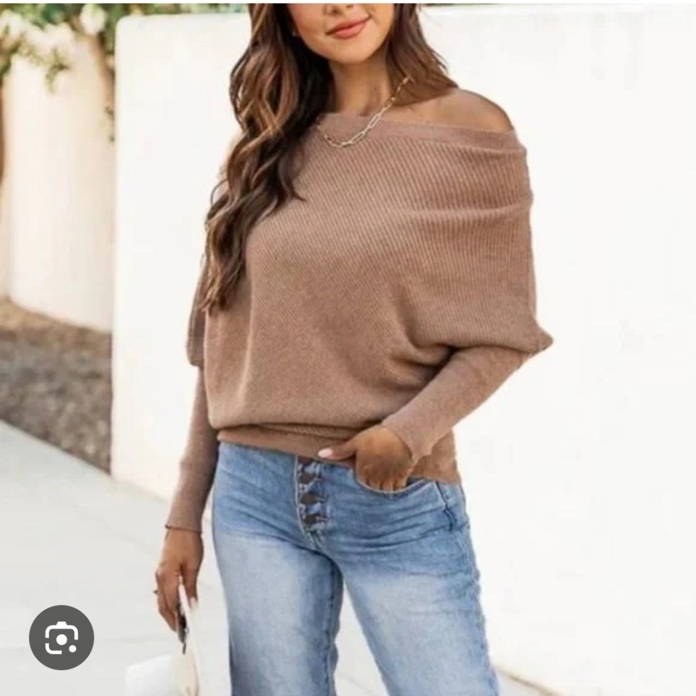 Pink Lily Brown Off-the-Shoulder Sweater